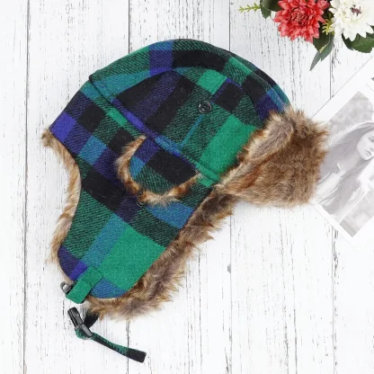 Warm Ear Flap Ushanka with Plaid Print - Image 14