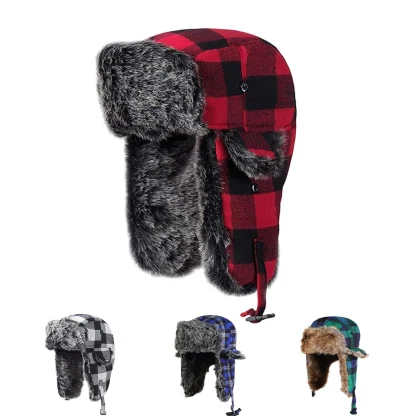 Warm Ear Flap Ushanka with Plaid Print - Image 2