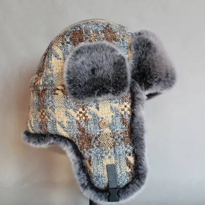 Plaid Pattern Fluffy Trapper Hat with Ear Flaps - Image 3