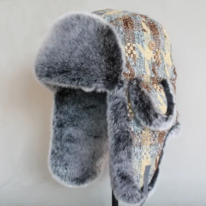 Plaid Pattern Fluffy Trapper Hat with Ear Flaps