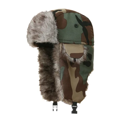 Fluffy Faux Fur Aviator Hat with Camo Print