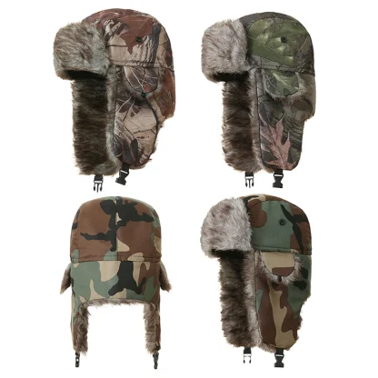 Fluffy Faux Fur Aviator Hat with Camo Print - Image 3