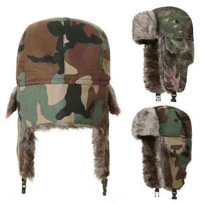 Fluffy Faux Fur Aviator Hat with Camo Print - Image 4